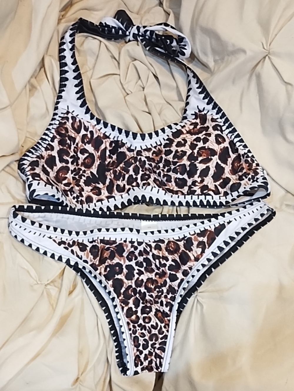 No Label Leopard Print Bikini Set with Black & White Trim